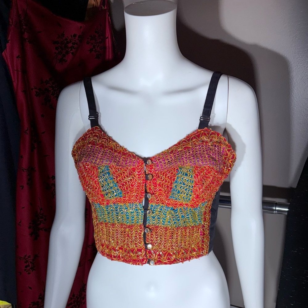 Jou Jou VINTAGE Colorful Embroidered Button-Up Smock Crop Top